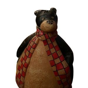 Vintage 9”  Black Bear W/Checkered Scarf Shaped Decorative Wax Candle W/Attitude